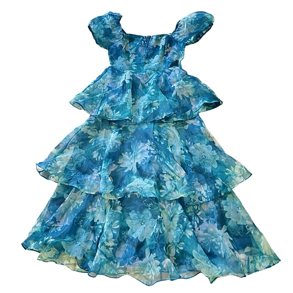 NWT Lulu's ‘Darling Vision’ Teal Floral Organza Tiered Midi Dress Sz Medium - Picture 3 of 11